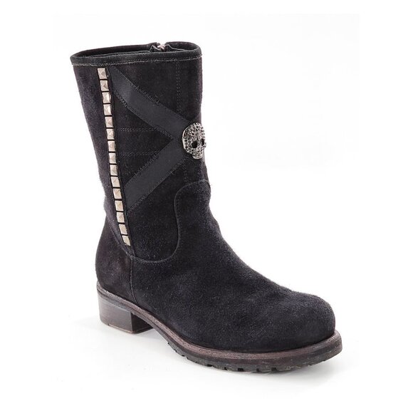 JOHN RICHMOND Beaded Scull Studded Suede Mid-Calf Boots - Picture 3 of 15